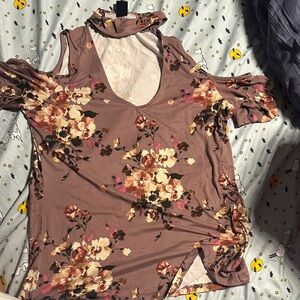 Polly & Esther Floral Cut-Out Shoulder Blouse - Brown and Pink